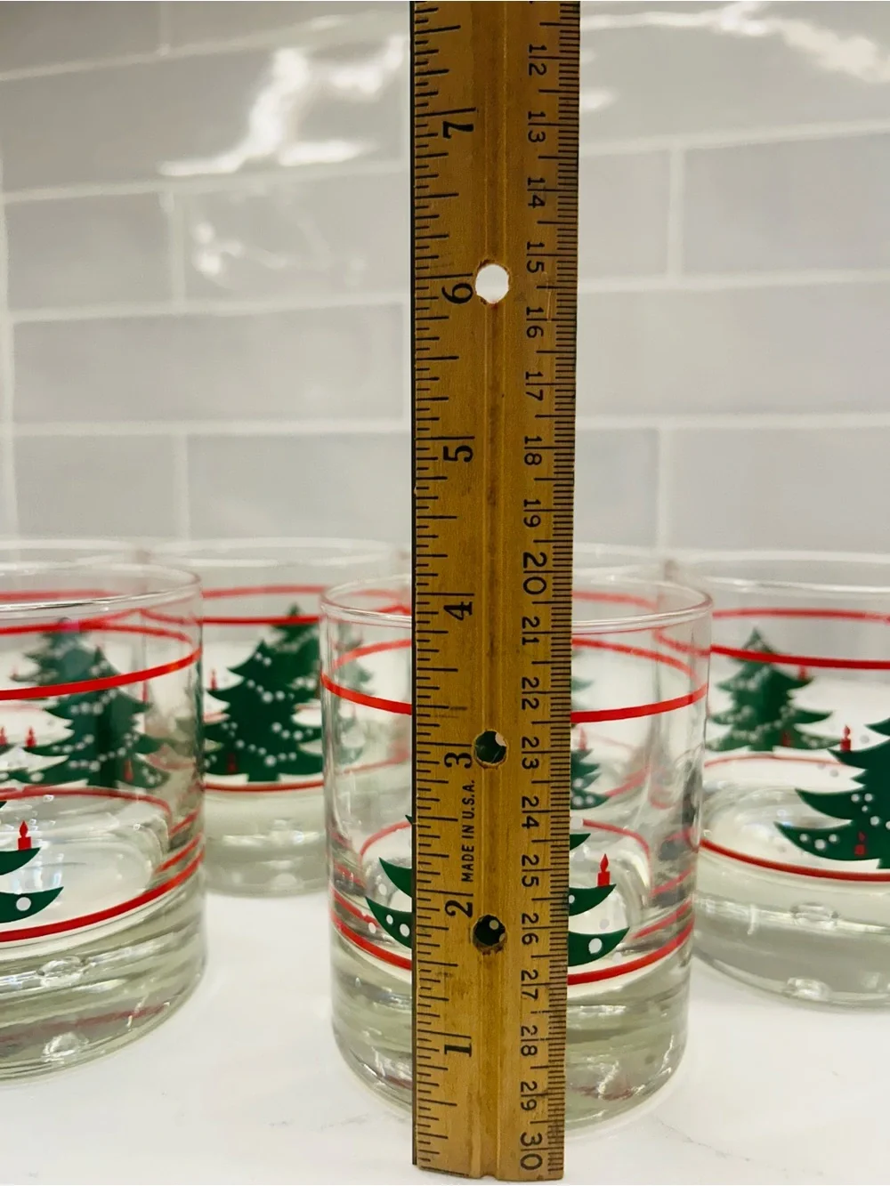 Holiday Glasses Tumblers with Green Christmas Tree & Red Candles - set of 6
